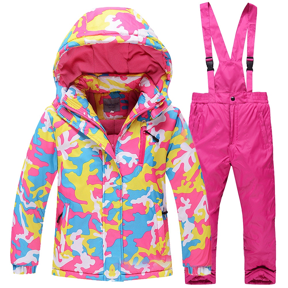 위장 스키복 투피스 스키 후드 자켓 + 빕 바지 남아용 여아용, 방수 방풍 방한복, 겨울